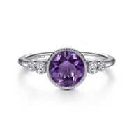Promise Ring - 14K White Gold Round Bezel Set Amethyst and Diamond Ring