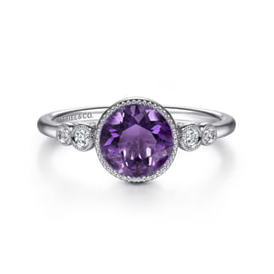 Promise Ring - 14K White Gold Round Bezel Set Amethyst and Diamond Ring