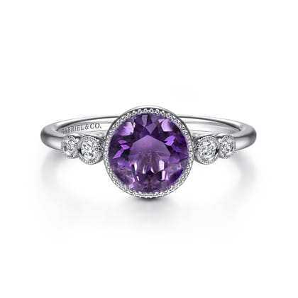 Promise Ring - 14K White Gold Round Bezel Set Amethyst and Diamond Ring