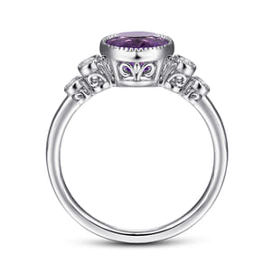 Promise Ring - 14K White Gold Round Bezel Set Amethyst and Diamond Ring
