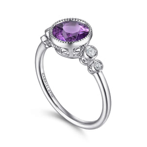 Promise Ring - 14K White Gold Round Bezel Set Amethyst and Diamond Ring