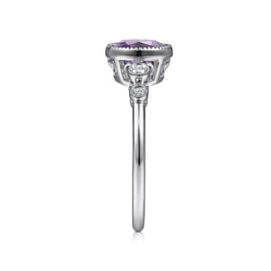 Promise Ring - 14K White Gold Round Bezel Set Amethyst and Diamond Ring