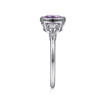 Promise Ring - 14K White Gold Round Bezel Set Amethyst and Diamond Ring