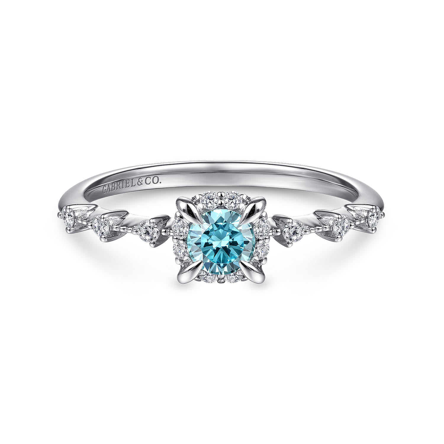 Promise Ring - 14K White Gold Round Blue Topaz and Diamond Halo Promise Ring - 0.12 ct - Shot 1
