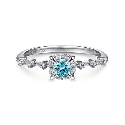 Promise Ring - 14K White Gold Round Blue Topaz and Diamond Halo Promise Ring