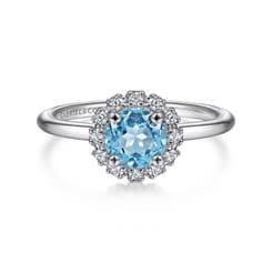 Promise Ring - 14K White Gold Round Blue Topaz and Diamond Halo Promise Ring
