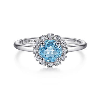Promise Ring - 14K White Gold Round Blue Topaz and Diamond Halo Promise Ring