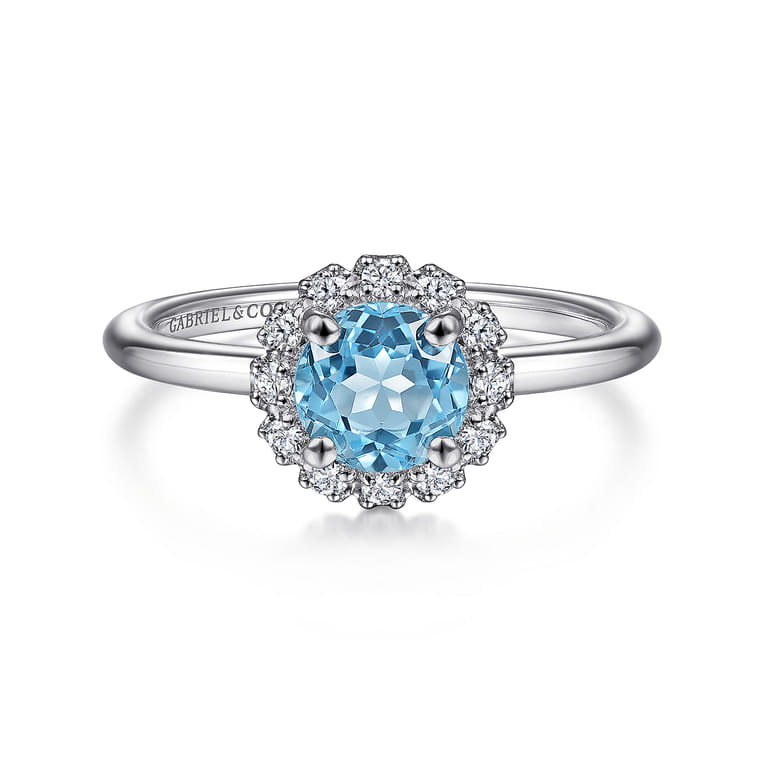 Promise Ring - 14K White Gold Round Blue Topaz and Diamond Halo Promise Ring - 0.15 ct - Shot 1