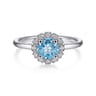 Promise Ring - 14K White Gold Round Blue Topaz and Diamond Halo Promise Ring - 0.15 ct