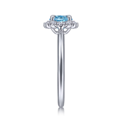 Promise Ring - 14K White Gold Round Blue Topaz and Diamond Halo Promise Ring