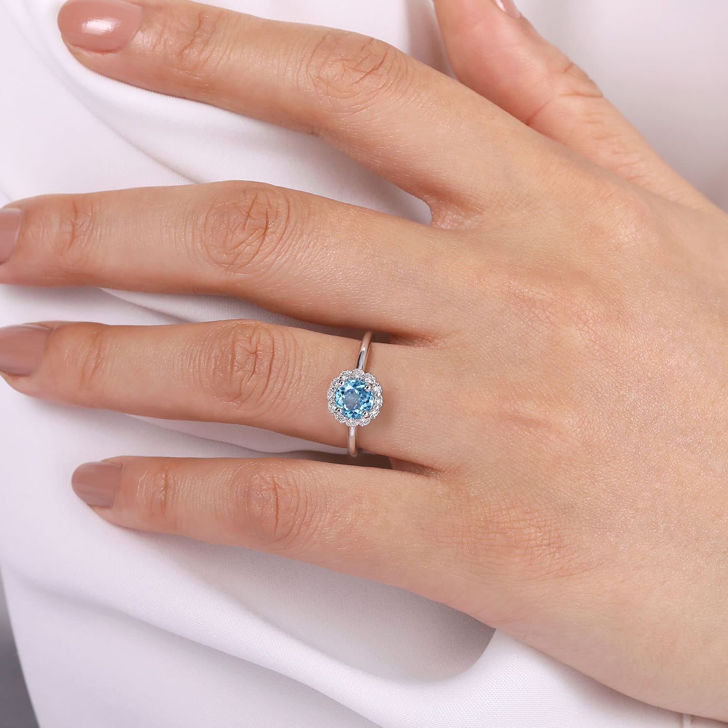 Promise Ring - 14K White Gold Round Blue Topaz and Diamond Halo Promise Ring - 0.15 ct - Shot 5