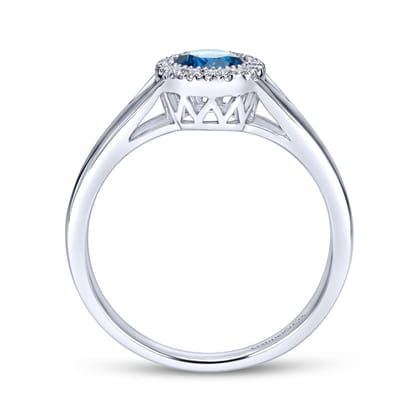 Promise Ring - 14K White Gold Round Blue Topaz and Diamond Halo Promise Ring