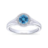 Promise Ring - 14K White Gold Round Blue Topaz and Diamond Halo Promise Ring - 0.06 ct