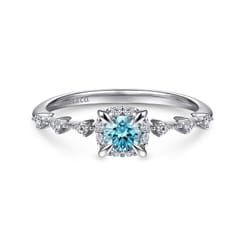 Promise Ring - 14K White Gold Round Blue Topaz and Diamond Halo Ring
