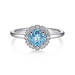 Promise Ring - 14K White Gold Round Blue Topaz and Diamond Halo Ring
