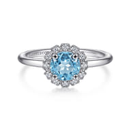 Promise Ring - 14K White Gold Round Blue Topaz and Diamond Halo Ring