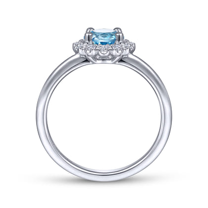 Promise Ring - 14K White Gold Round Blue Topaz and Diamond Halo Ring
