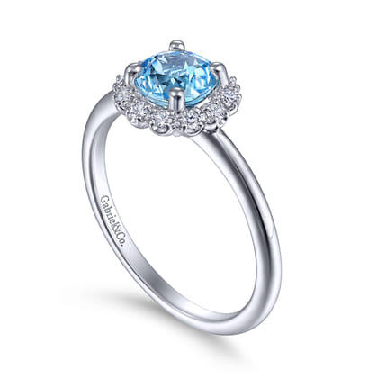 Promise Ring - 14K White Gold Round Blue Topaz and Diamond Halo Ring