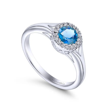 Promise Ring - 14K White Gold Round Blue Topaz and Diamond Halo Ring