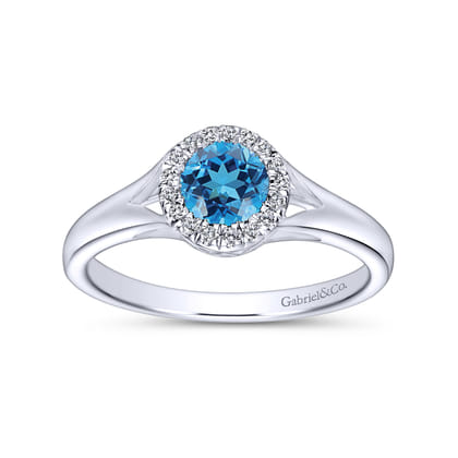 Promise Ring - 14K White Gold Round Blue Topaz and Diamond Halo Ring