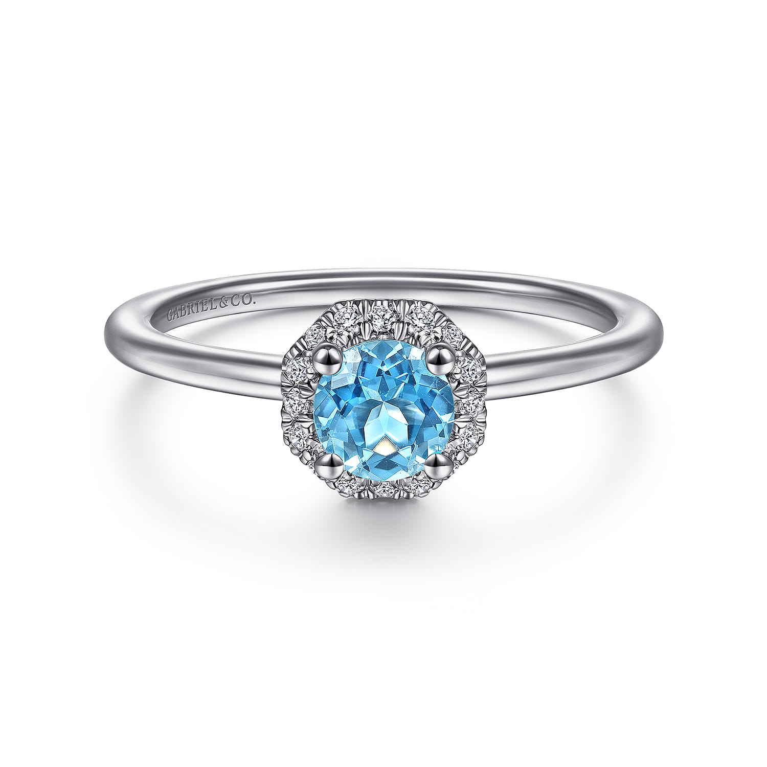 Promise Ring - 14K White Gold Round Blue Topaz and Hexagon Diamond Halo Promise Ring - 0.09 ct - Shot 1