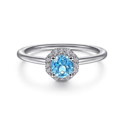 Promise Ring - 14K White Gold Round Blue Topaz and Hexagon Diamond Halo Promise Ring