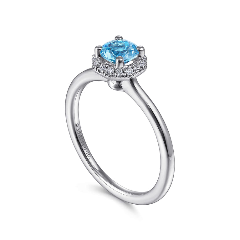 Promise Ring - 14K White Gold Round Blue Topaz and Hexagon Diamond Halo Promise Ring - 0.09 ct - Shot 3