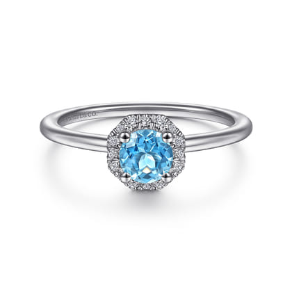 Promise Ring - 14K White Gold Round Blue Topaz and Hexagon Diamond Halo Ring