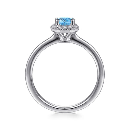 Promise Ring - 14K White Gold Round Blue Topaz and Hexagon Diamond Halo Ring