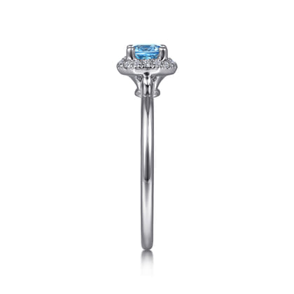 Promise Ring - 14K White Gold Round Blue Topaz and Hexagon Diamond Halo Ring