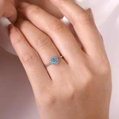 Promise Ring - 14K White Gold Round Blue Topaz and Hexagon Diamond Halo Ring