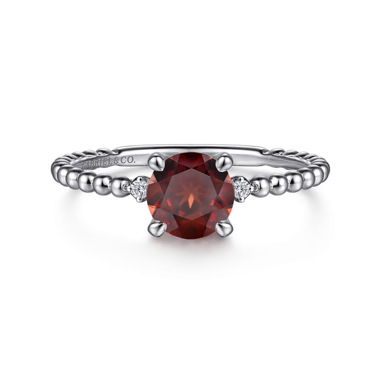 Promise Ring - 14K White Gold Round Garnet and Diamond Bujukan Promise Ring - 0.02 ct - Shot 1