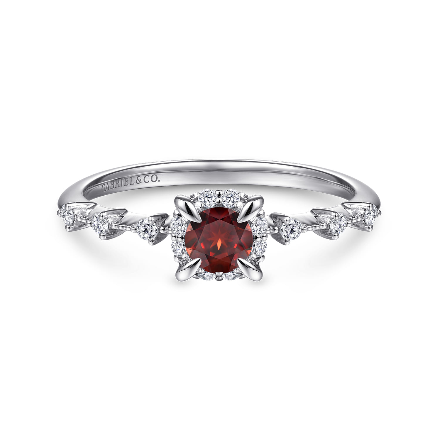 Promise Ring - 14K White Gold Round Garnet and Diamond Halo Promise Ring - 0.12 ct - Shot 1
