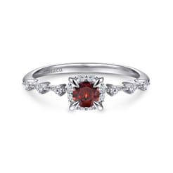 Promise Ring - 14K White Gold Round Garnet and Diamond Halo Promise Ring