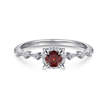 Promise Ring - 14K White Gold Round Garnet and Diamond Halo Promise Ring