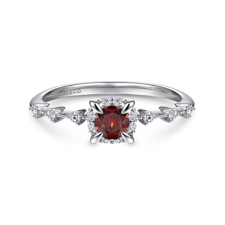 Promise Ring - 14K White Gold Round Garnet and Diamond Halo Promise Ring - 0.12 ct - Shot 1