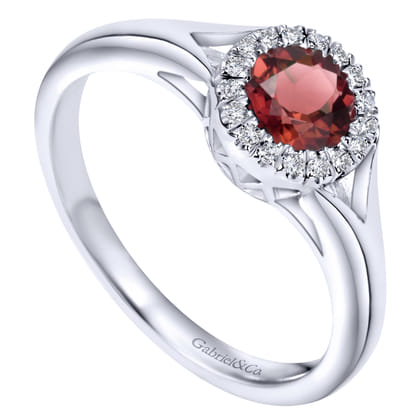 Promise Ring - 14K White Gold Round Garnet and Diamond Halo Promise Ring