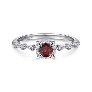 Promise Ring - 14K White Gold Round Garnet and Diamond Halo Ring