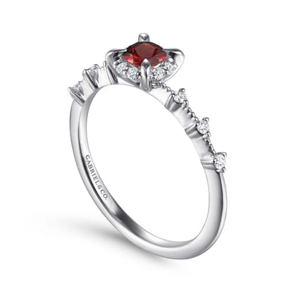 Promise Ring - 14K White Gold Round Garnet and Diamond Halo Ring