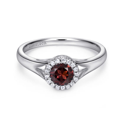 Promise Ring - 14K White Gold Round Garnet and Diamond Halo Ring