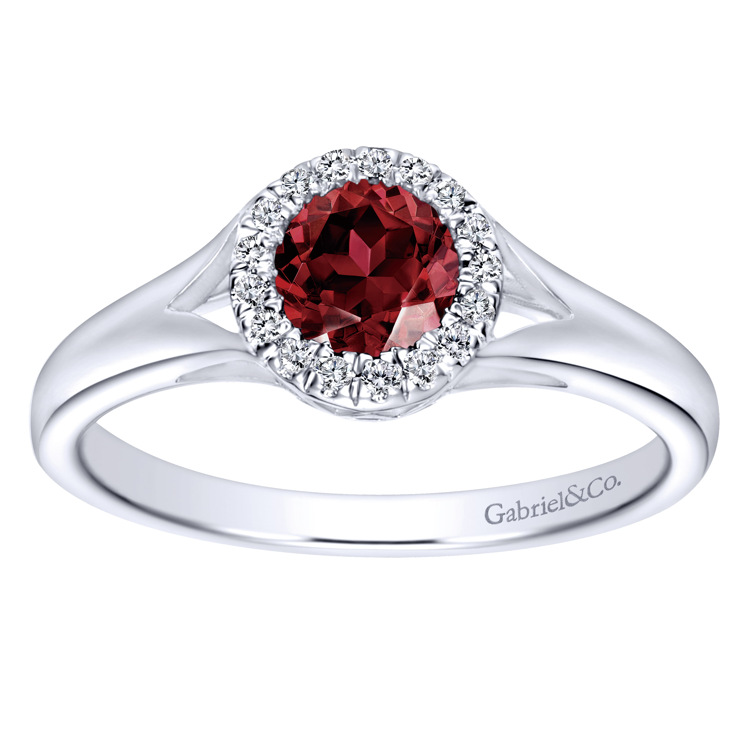 Promise Ring - 14K White Gold Round Garnet and Diamond Halo Ring