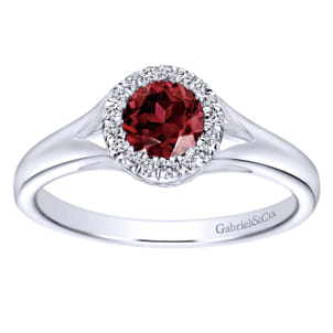 Promise Ring - 14K White Gold Round Garnet and Diamond Halo Ring