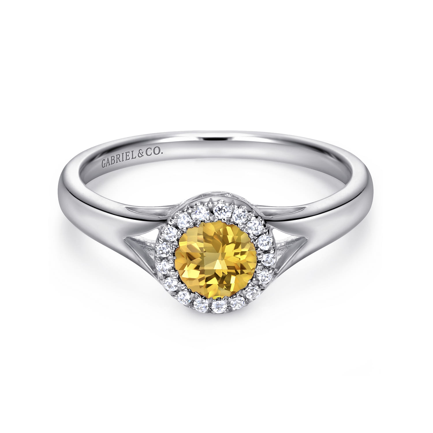 Promise Ring - 14K White Gold Round Halo Citrine and Diamond Promise Ring - 0.06 ct - Shot 1
