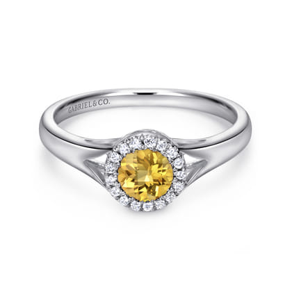 Promise Ring - 14K White Gold Round Halo Citrine and Diamond Promise Ring