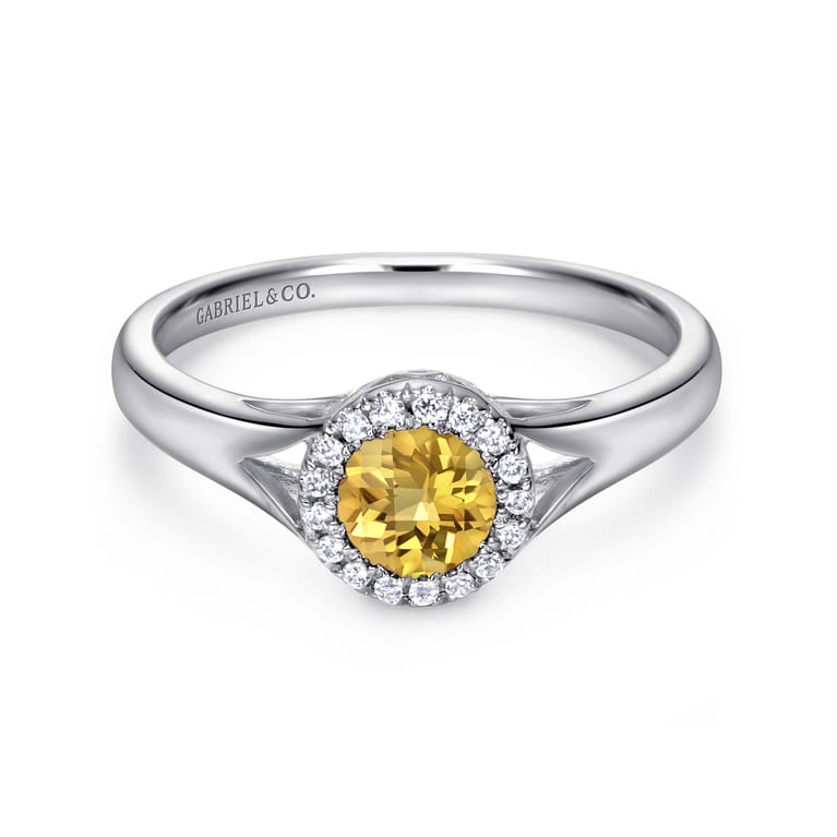 Promise Ring - 14K White Gold Round Halo Citrine and Diamond Promise Ring - 0.06 ct - Shot 1