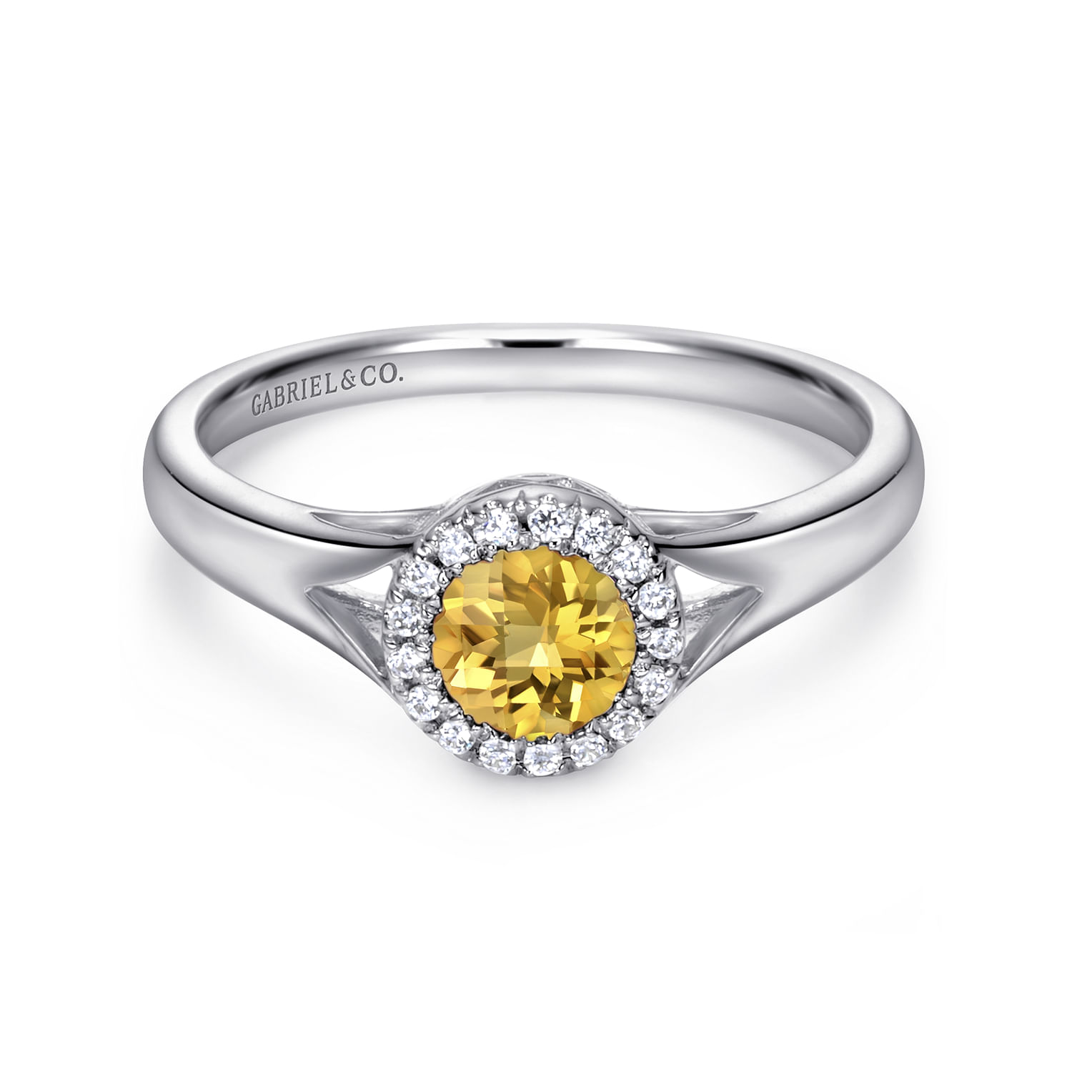 Promise Ring - 14K White Gold Round Halo Citrine and Diamond Ring