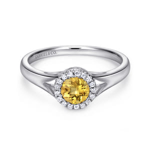 Promise Ring - 14K White Gold Round Halo Citrine and Diamond Ring
