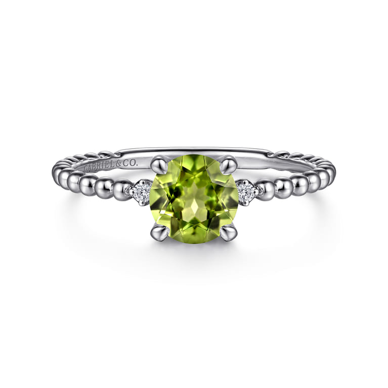 Promise Ring - 14K White Gold Round Peridot and Diamond Bujukan Promise Ring - 0.02 ct - Shot 1