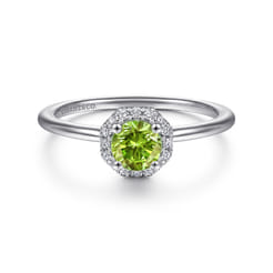 Promise Ring - 14K White Gold Round Peridot and Hexagon Diamond Halo Promise Ring