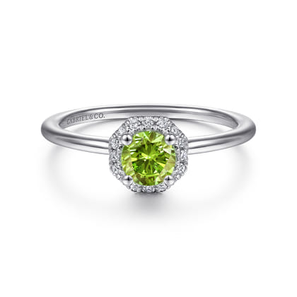 Promise Ring - 14K White Gold Round Peridot and Hexagon Diamond Halo Promise Ring